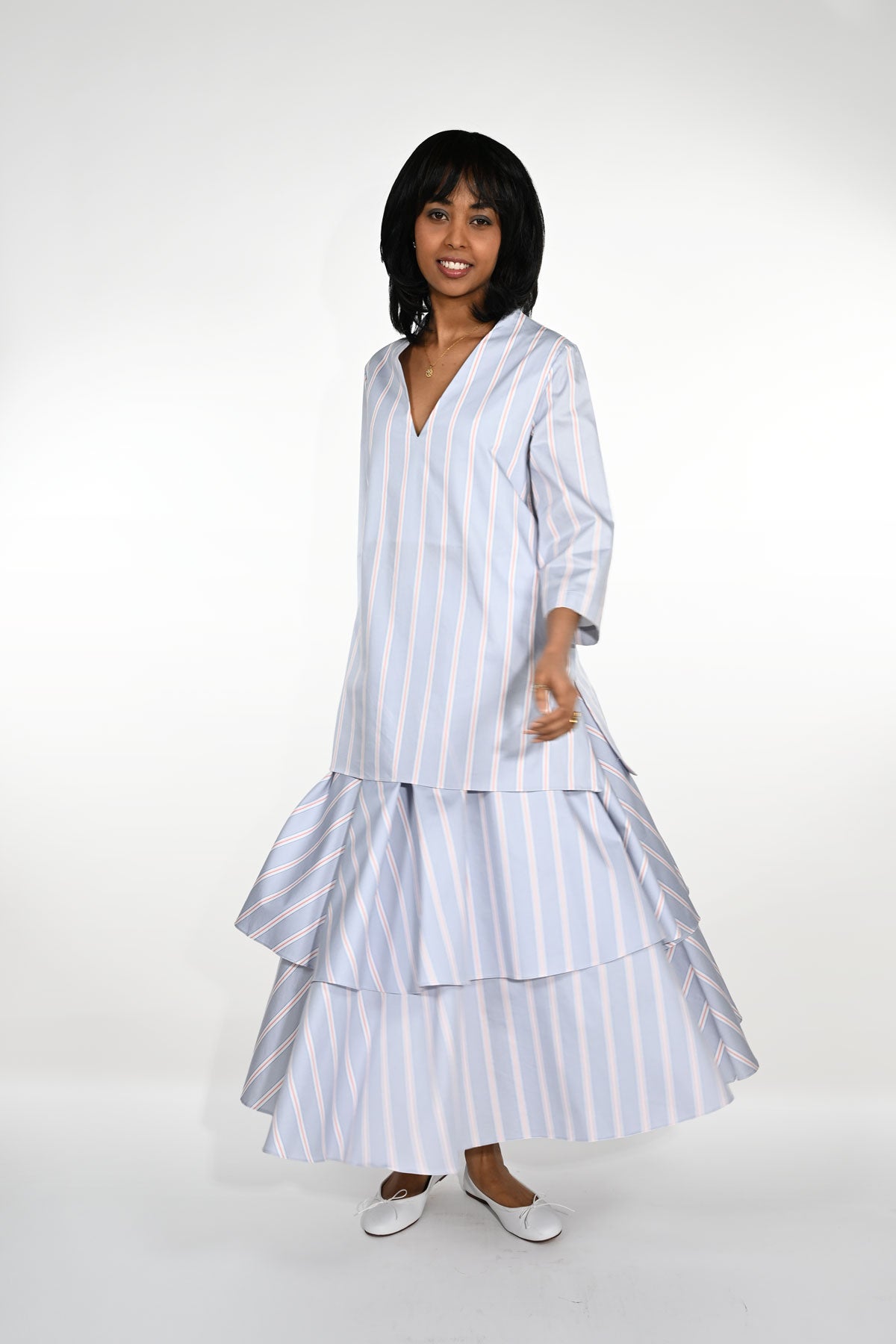 Striped cotton A-line dress with petticoat
