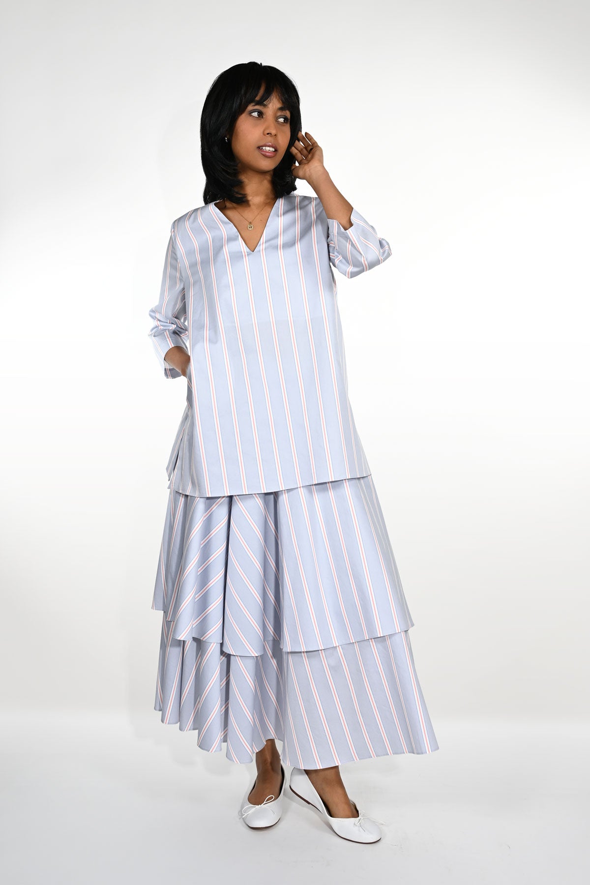 Striped cotton A-line dress with petticoat