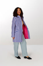 Blue houndstooth polyester waterproof coat with hood