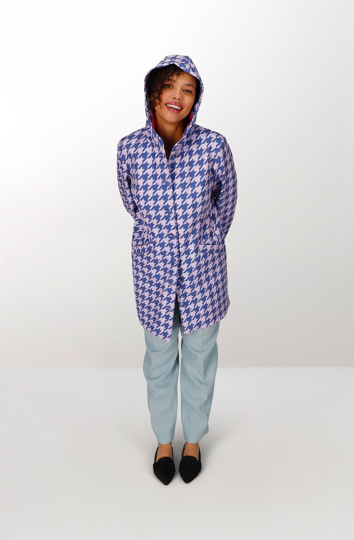 Blue houndstooth polyester waterproof coat with hood