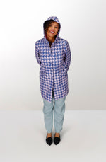 Blue houndstooth polyester waterproof coat with hood