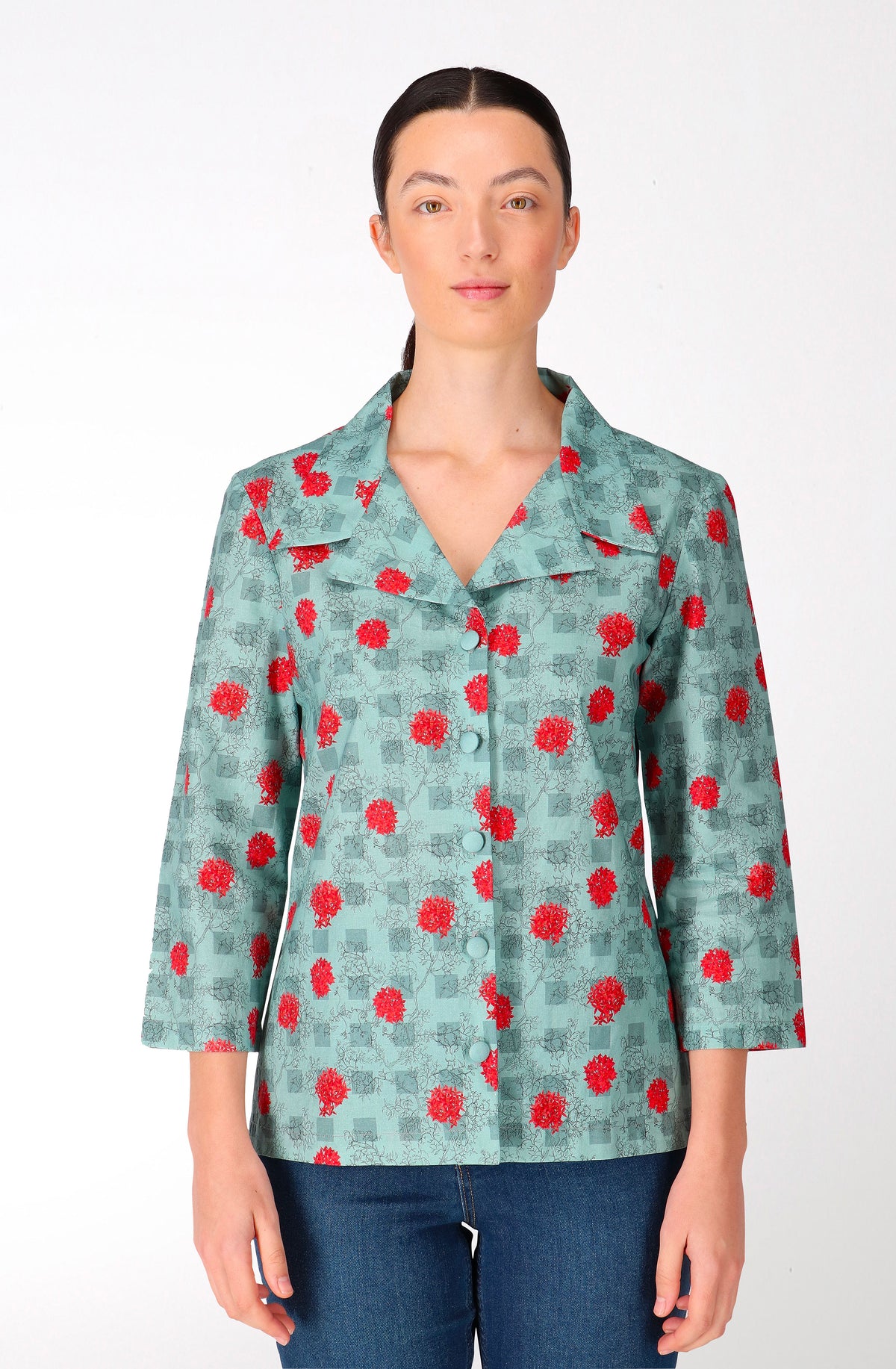 Green plaid cotton 3/4 sleeved shirt