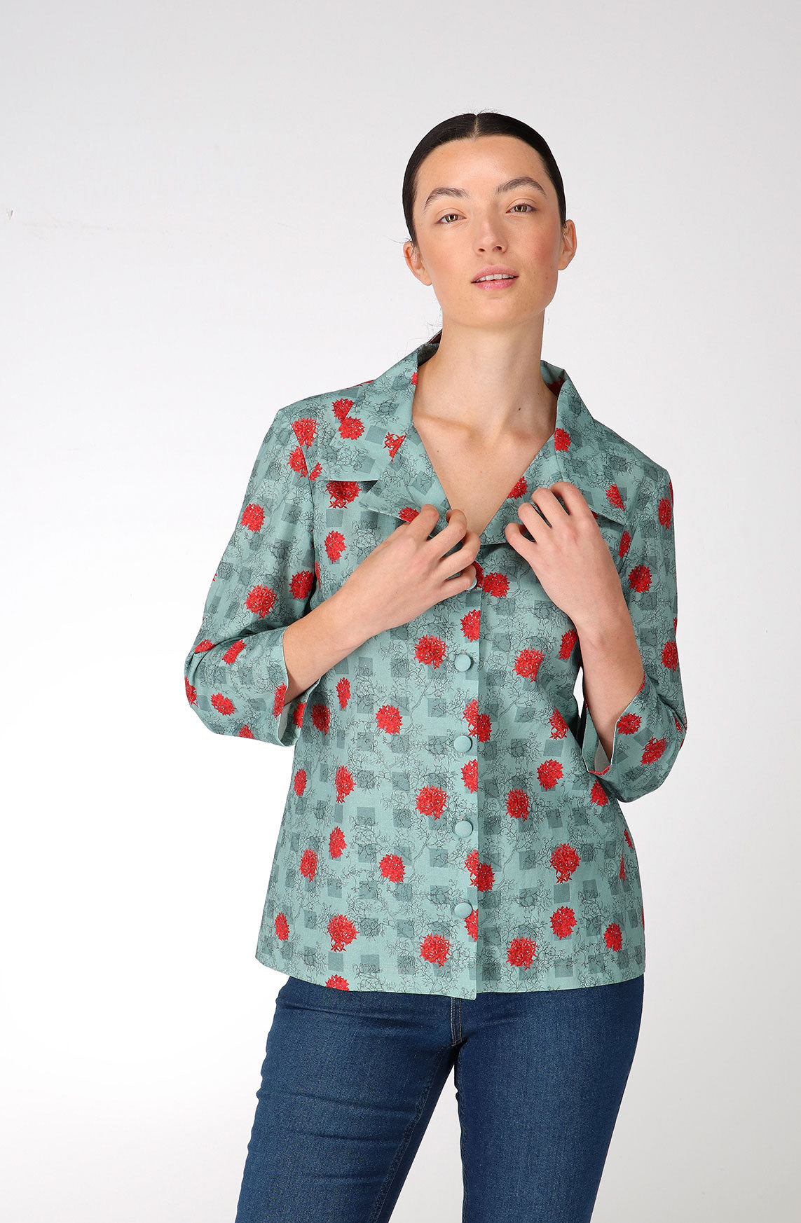 Green plaid cotton 3/4 sleeved shirt