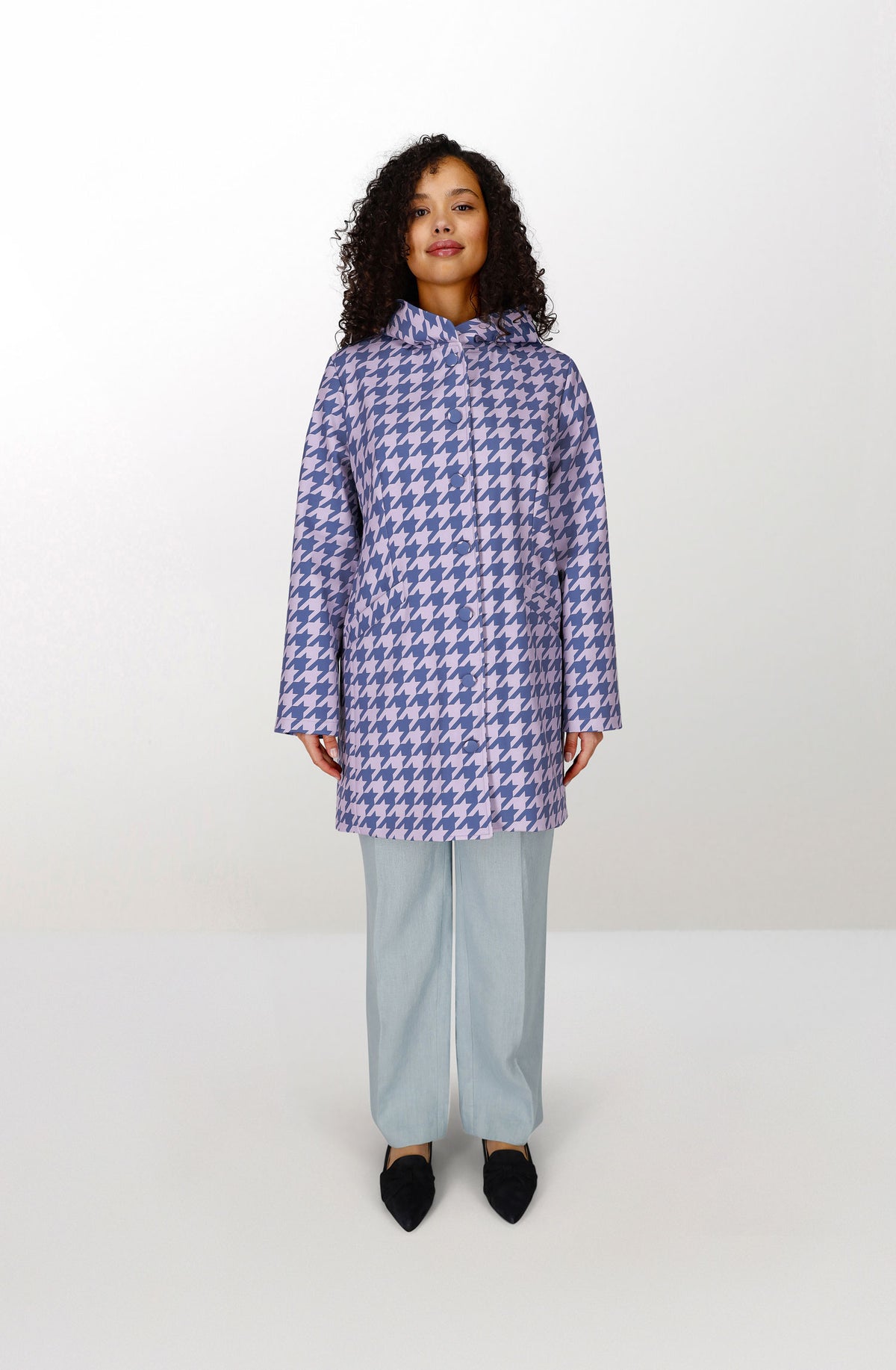 Blue houndstooth polyester waterproof coat with hood