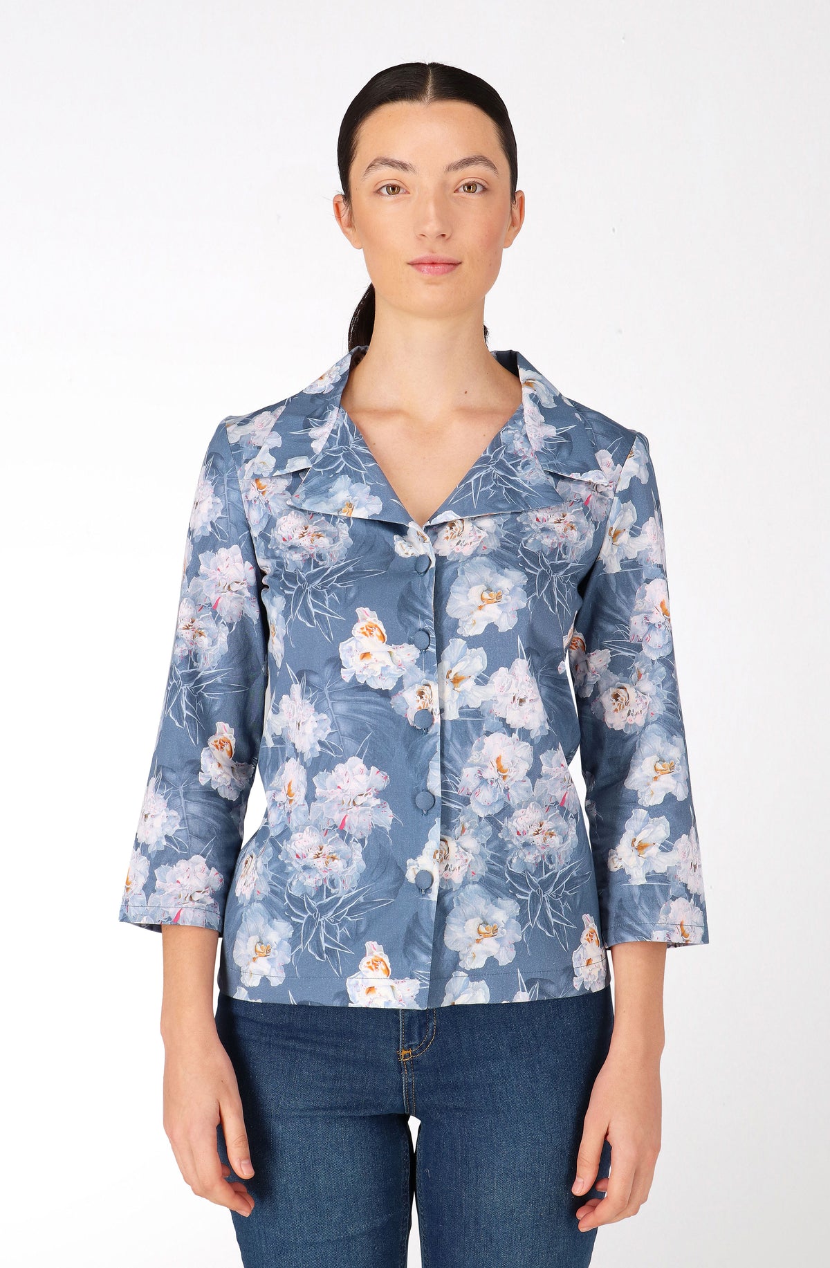 Chemise à manches 3/4 en coton bleu azalée