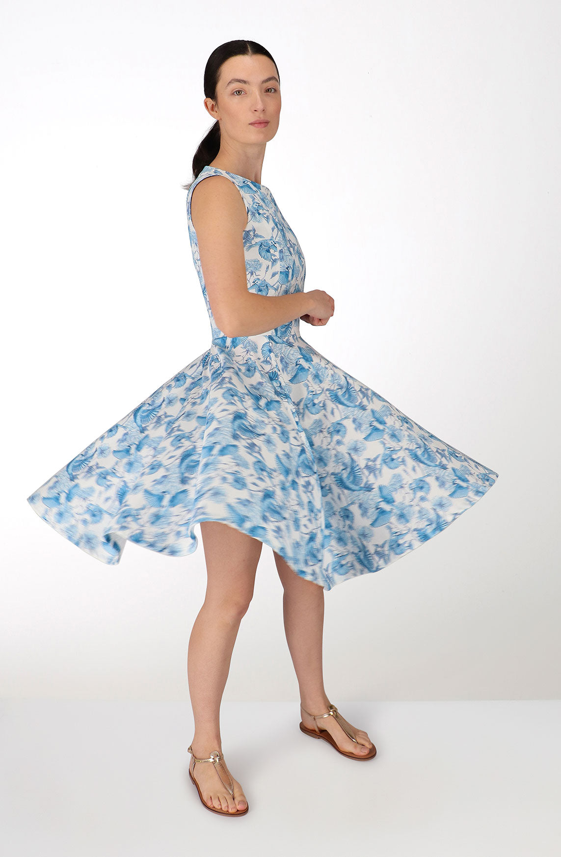 Robe circulaire en coton, moineaux bleus