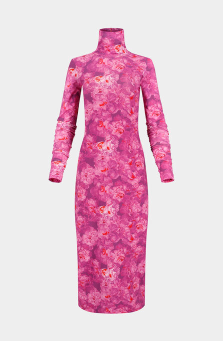 Robe longue en jersey rose azalée et mauve